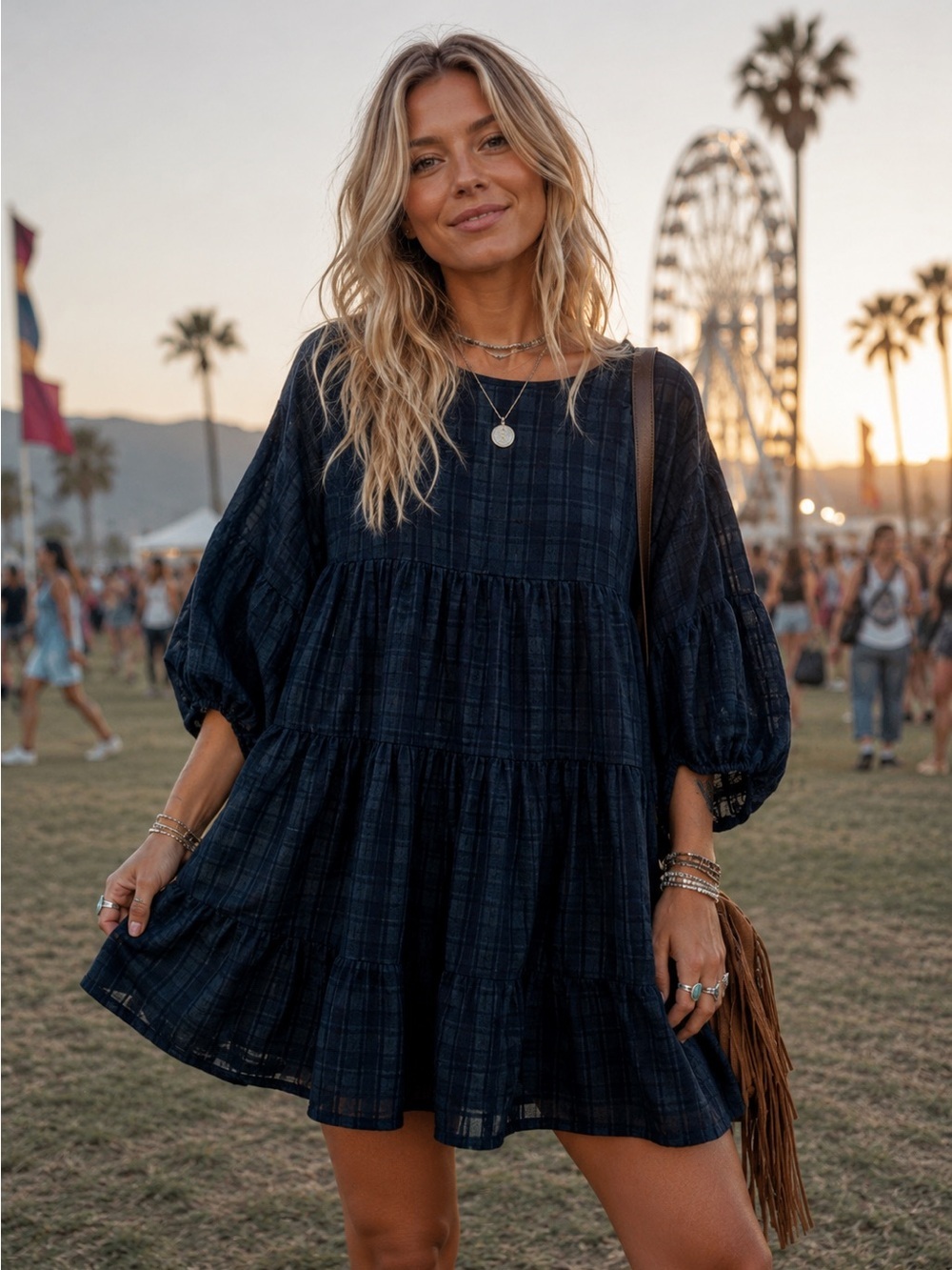Day + Moon Navy Blue Plaid Babydoll Mini Dress Size Large Boho Puff Sleeve - Picture 6 of 6